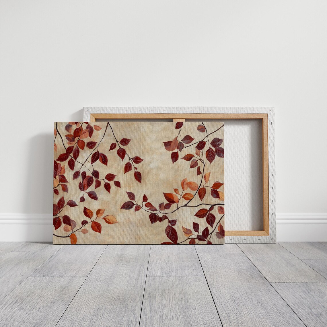 Burgundy And Orange Autumn Leaves On Cream Textured Botanical Poster - Image 3