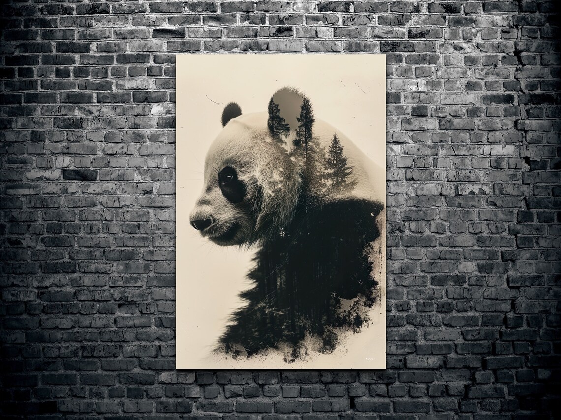 Double Exposure Panda, Forest Trees Nature Art Print - Image 2