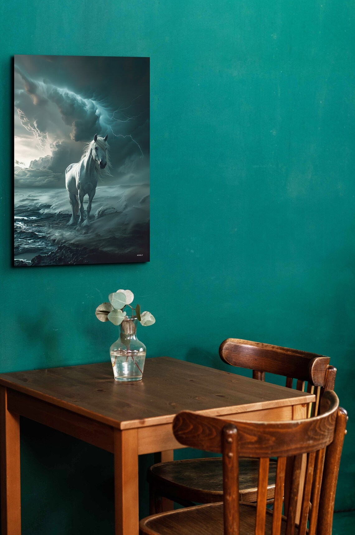 White Horse in Stormy Ocean Dramatic Lightning Seascape Poster - Image 3