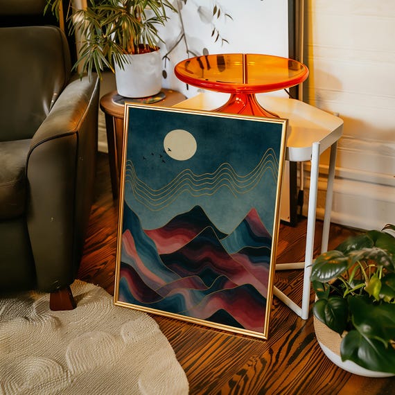 Abstract Mountain Landscape Canvas Art With Moon Flying Birds And Gold Line Accents In Deep Red Blue For Modern Boho Decor