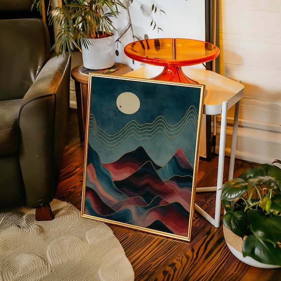 Abstract Mountain Landscape with Moon Birds and Gold Line Night Poster