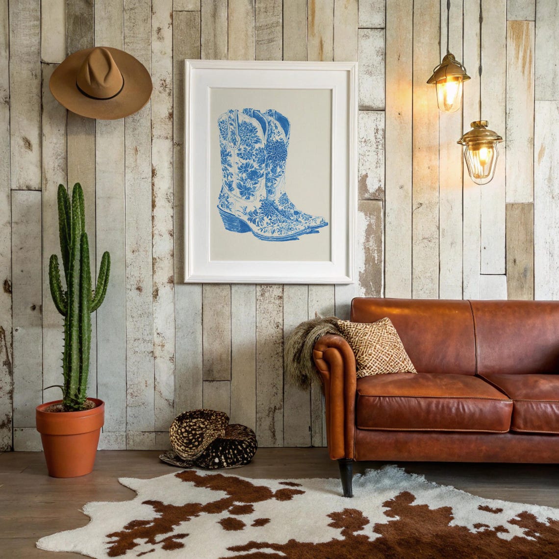 Blue Floral Chinoiserie Cowboy Boots Western Botanical Art Poster