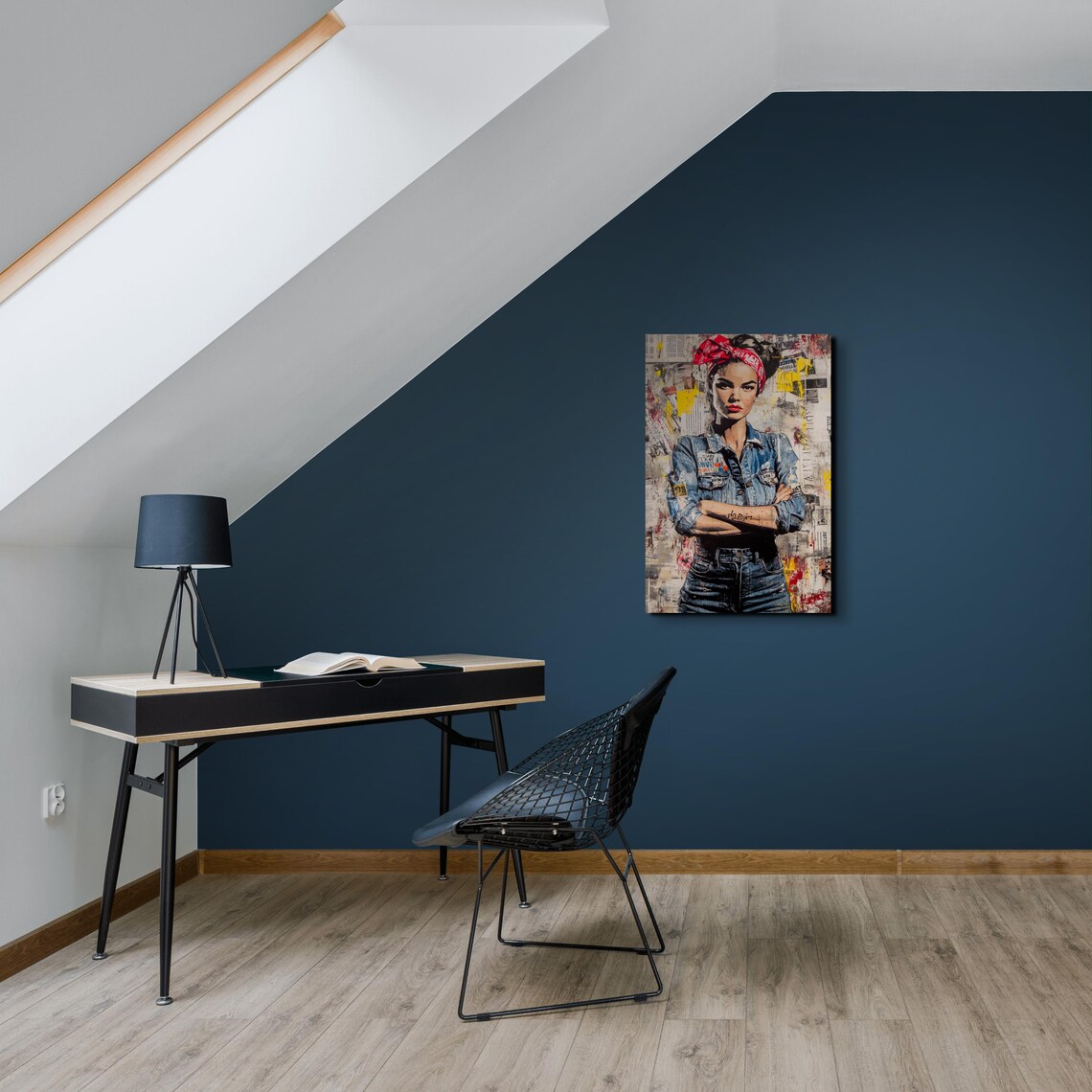 Rosie The Riveter Denim Street Art Portrait Red Bandana Art Poster - Image 5