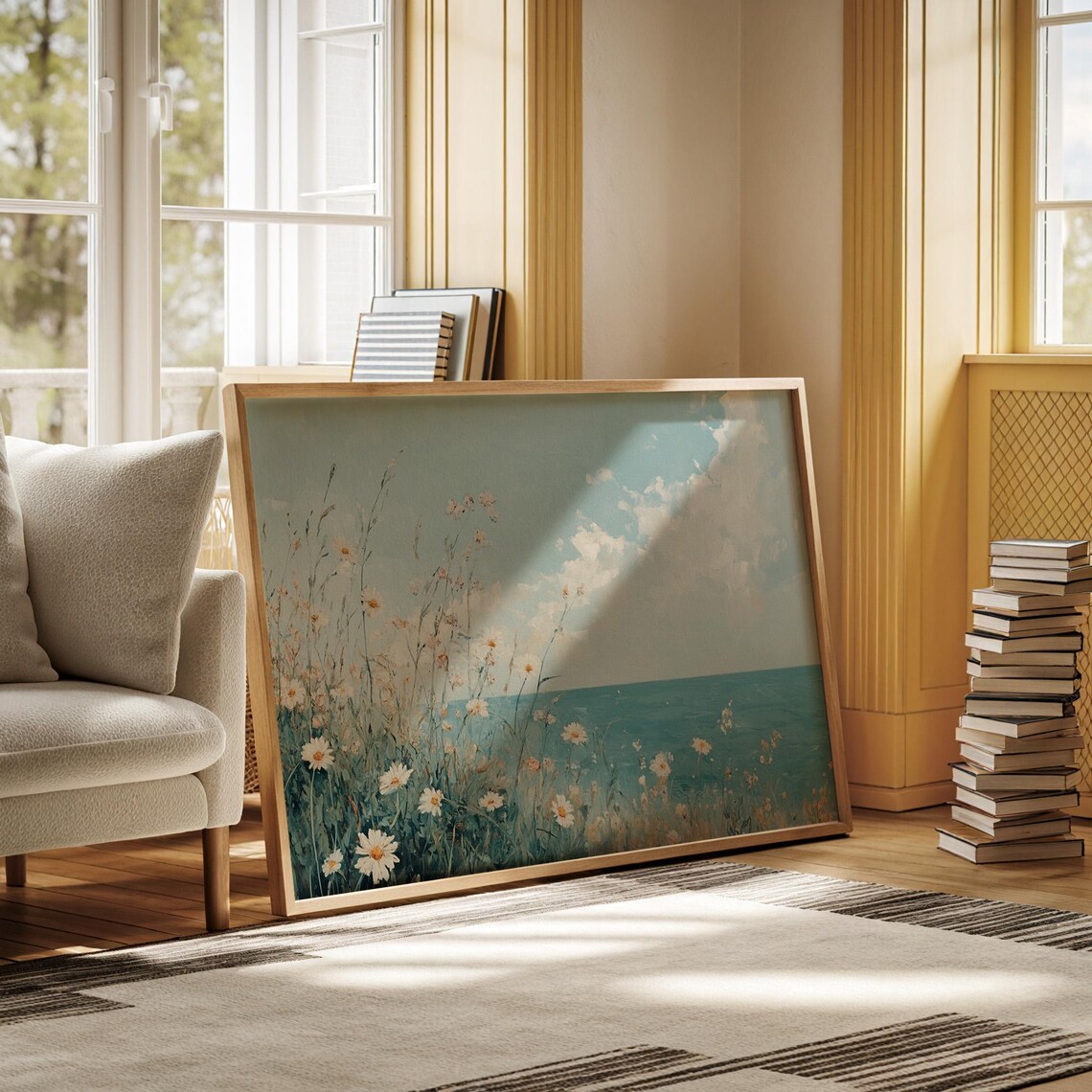 White Daisies on Coastal Cliff Azure Ocean Sky Floral Painting Poster - Image 6
