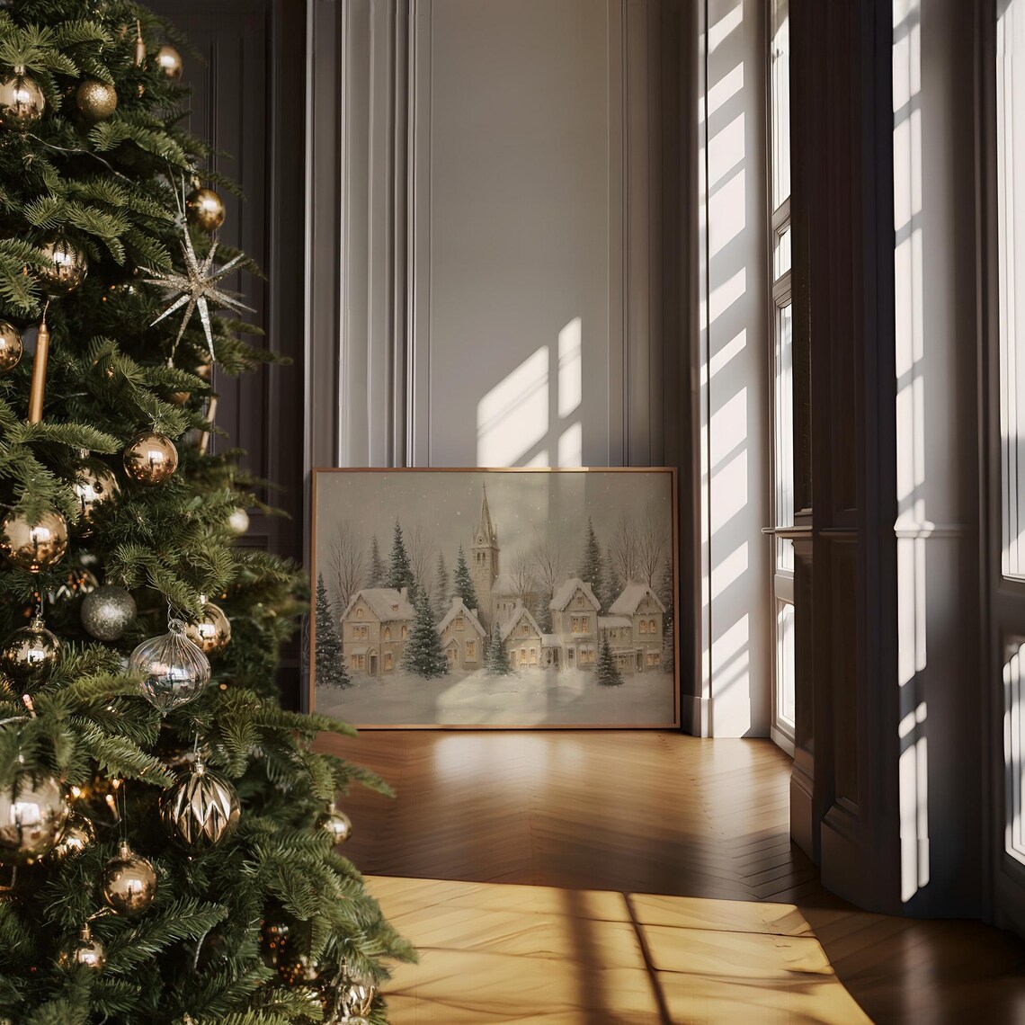 Snowy Christmas Village, Festive Holiday Town Scene