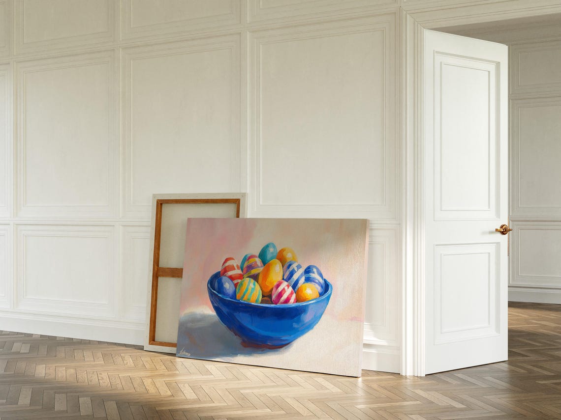 Colorful Easter Eggs in Blue Bowl Cheerful Spring Still Life Wall Art - Image 6