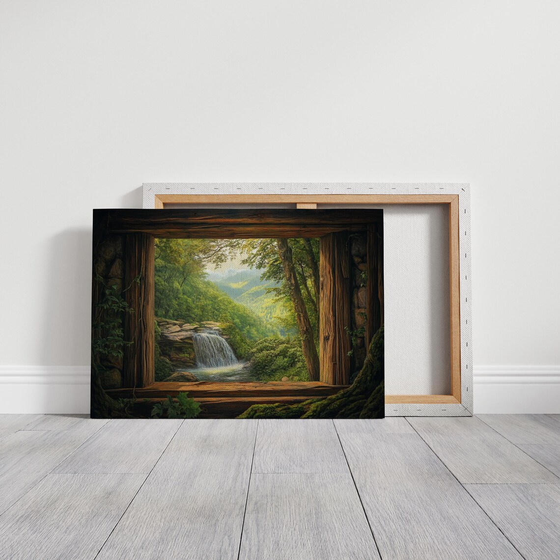 Rustic Window Waterfall Nature Landscape Wall Art Cabin View Painting Lush Green Forest Poster Tranquil Scenic Home Decor - Image 2