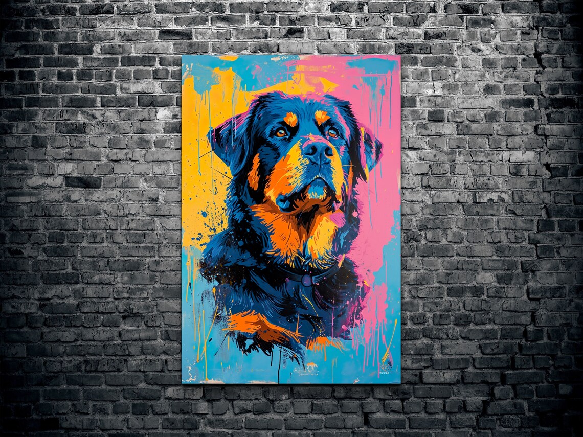 Rottweiler Dog Portrait in Vivid Pink Blue and Yellow Pop Art Poster - Image 2