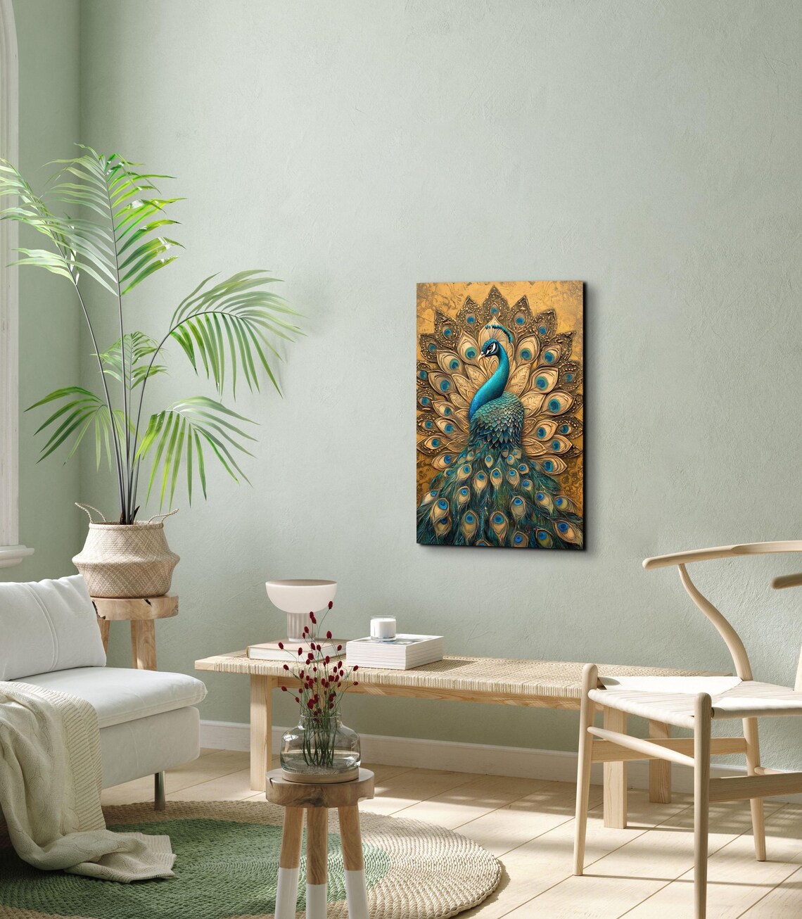 Majestic Peacock Golden Fanned Tail Royal Bird Portrait Art Poster - Image 6