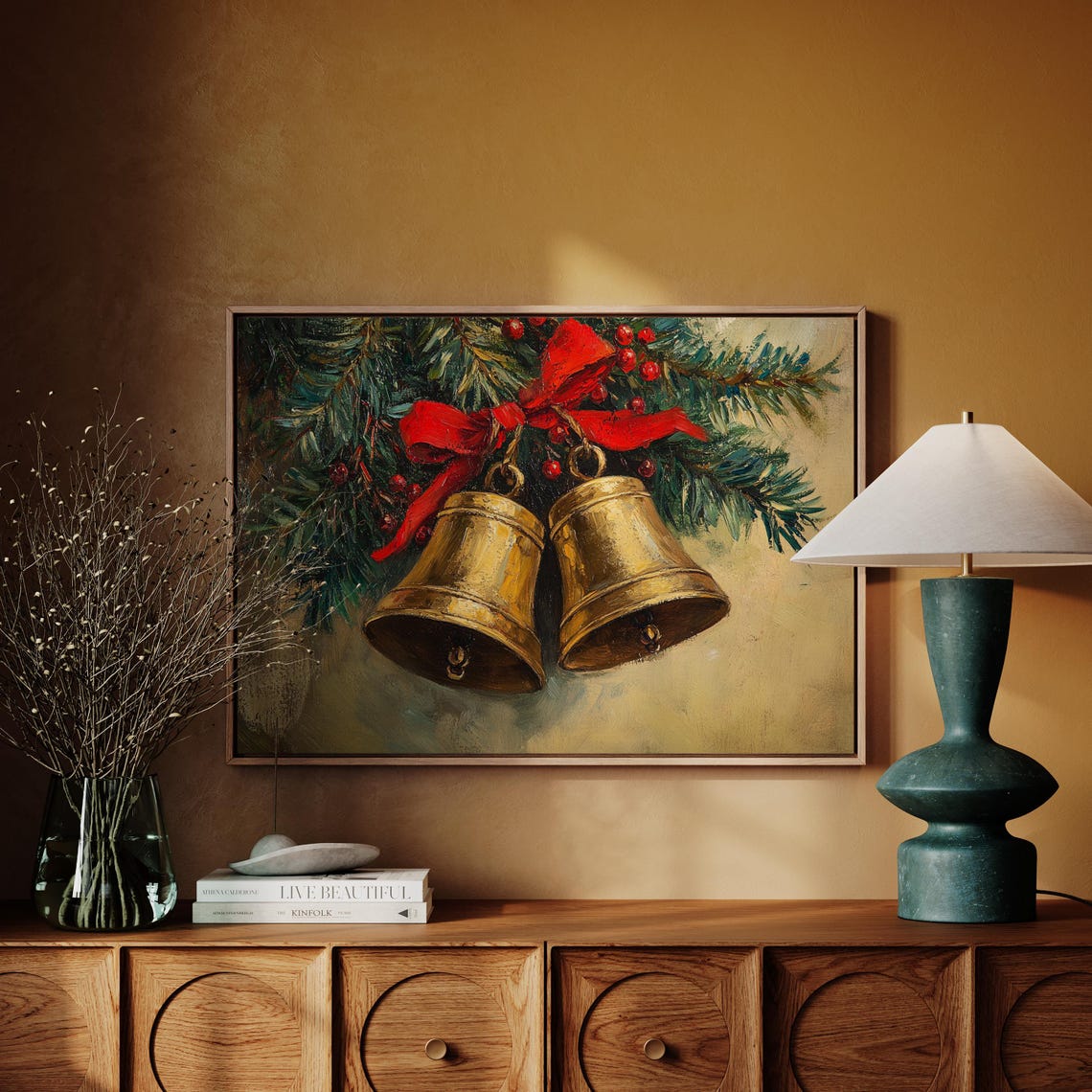 Golden Christmas Bells With Red Bow And Pine Holiday Wall Art - Image 4