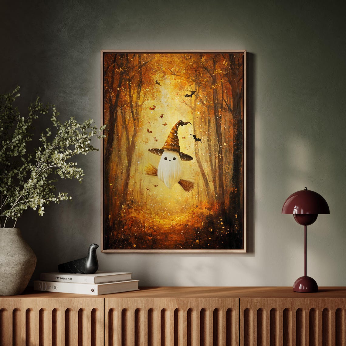 Cute Halloween Ghost Witch Hat Broom Autumn Forest Wall Art Print - Image 3