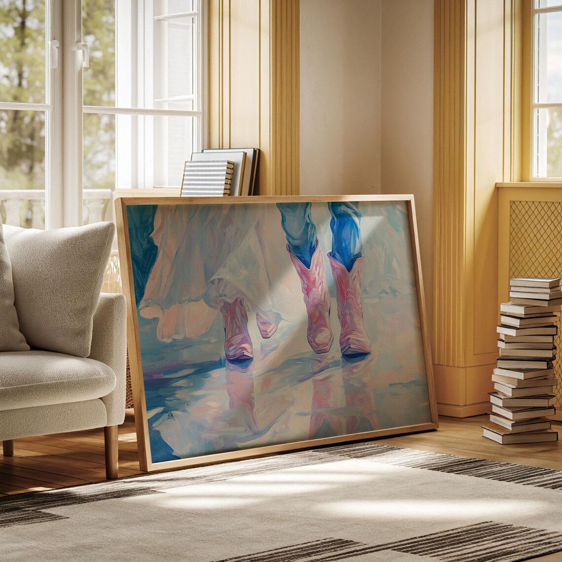 Happy Couple In Pink Cowboy Boots Romantic Western Art Poster - Image 3