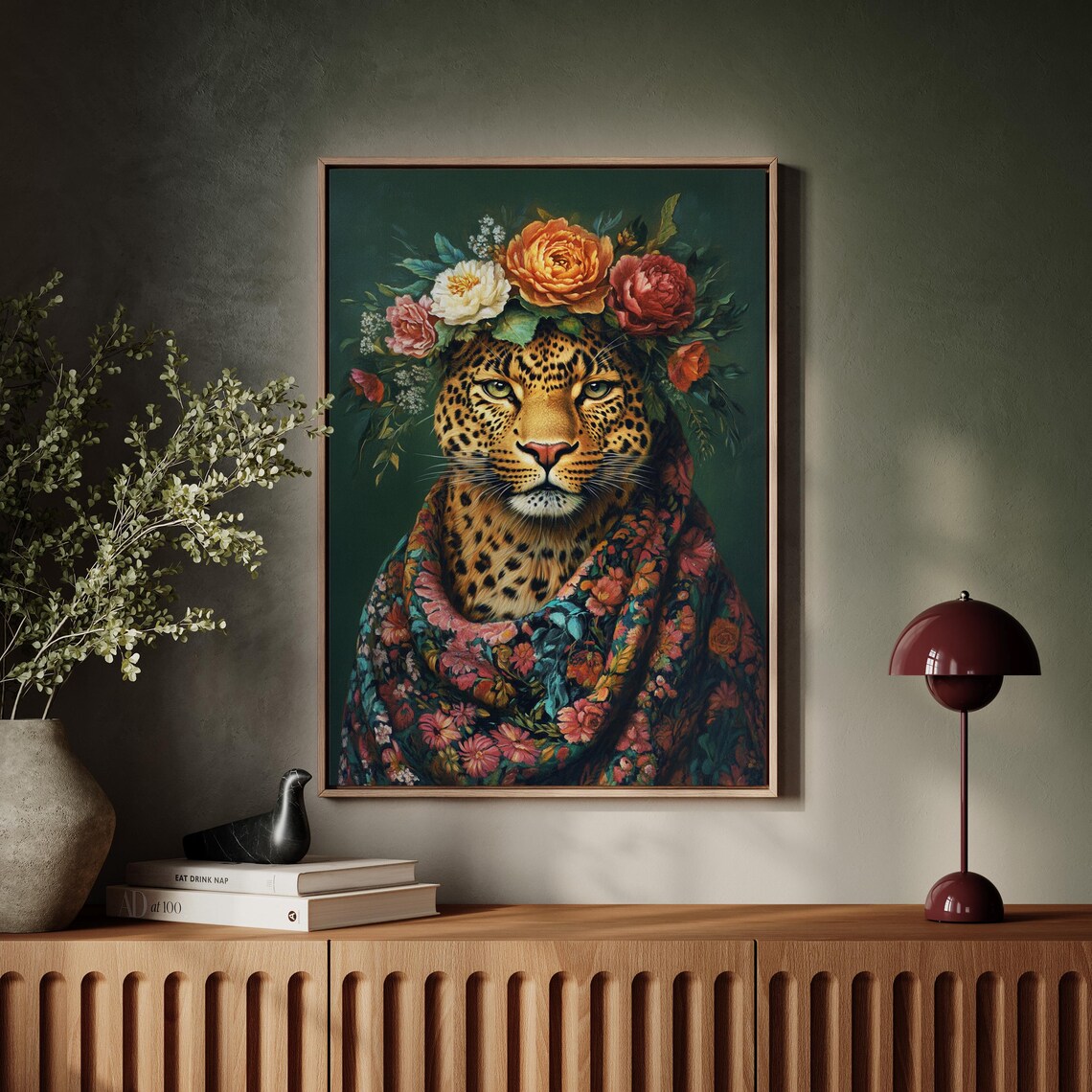 Leopard Wearing Floral Crown And Blooming Shawl Regal Portrait Poster - Image 7