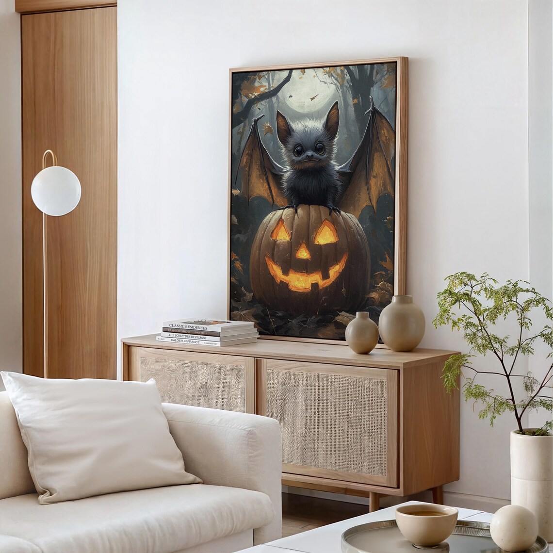 Adorable Bat on Jack O Lantern, Halloween Art - Image 2
