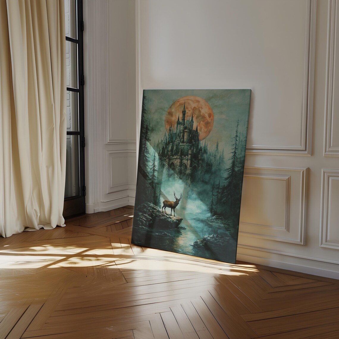 Enchanted Castle and Stag, Mystical Forest Landscape - Image 3