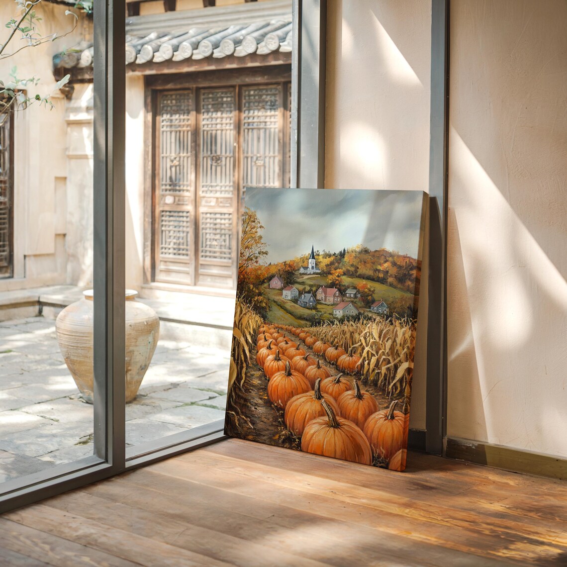 Rustic Pumpkin Patch Rows Beneath Village Church Hill Fall Landscape Poster - Image 4