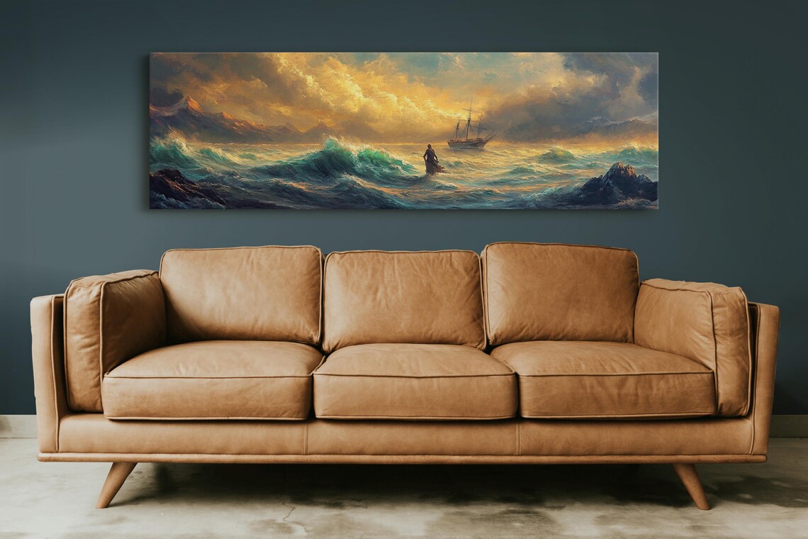 Jesus Walking On Water Stormy Sea Biblical Faith Christian Poster - Image 2