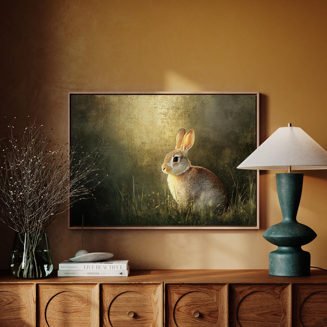 Wild Rabbit in Tall Grass Against Dark Moody Meadow Backdrop Poster - Image 4