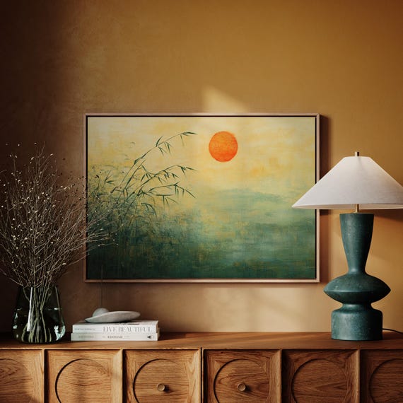 Minimalist Bamboo Sunset Wall Art Tranquil Zen Landscape Asian Inspired Nature Print For Home Office