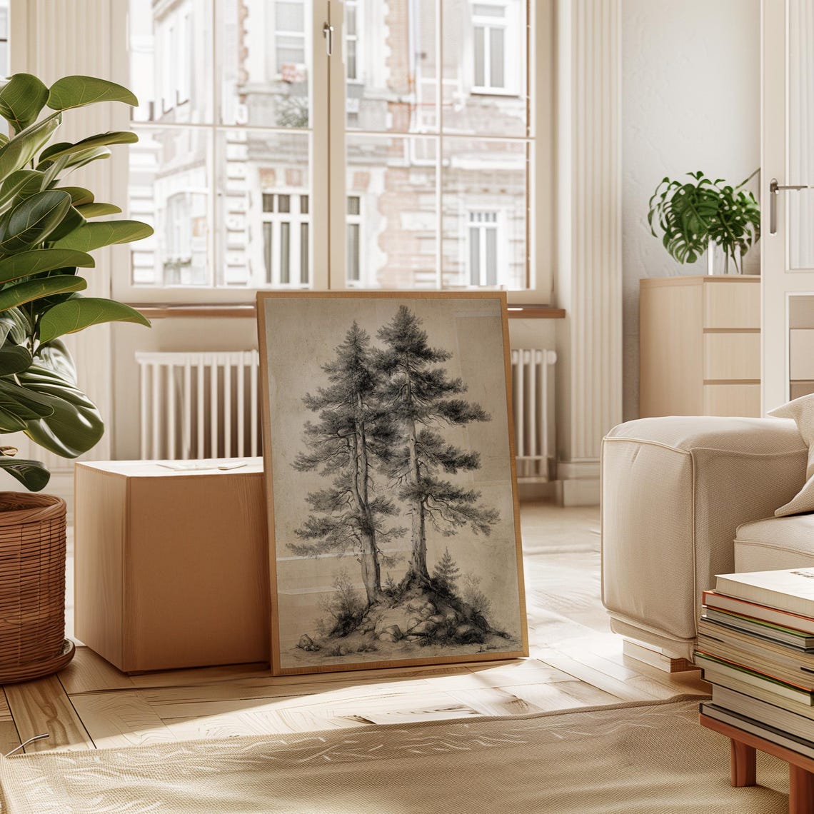 Twin Pine Trees Rocky Hill Vintage Engraving Forest Sketch Poster