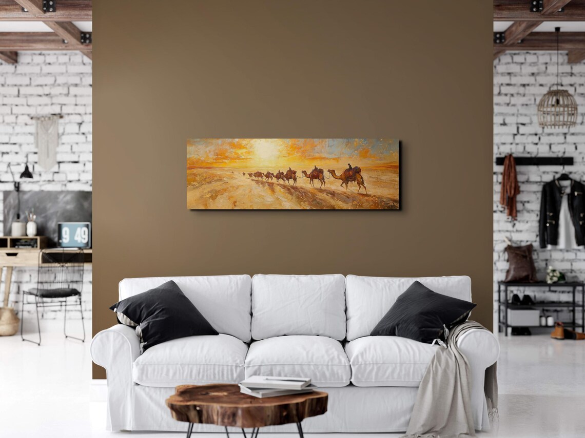 Desert Camel Caravan In Single File Warm Sunset Panoramic Art Poster - Image 6