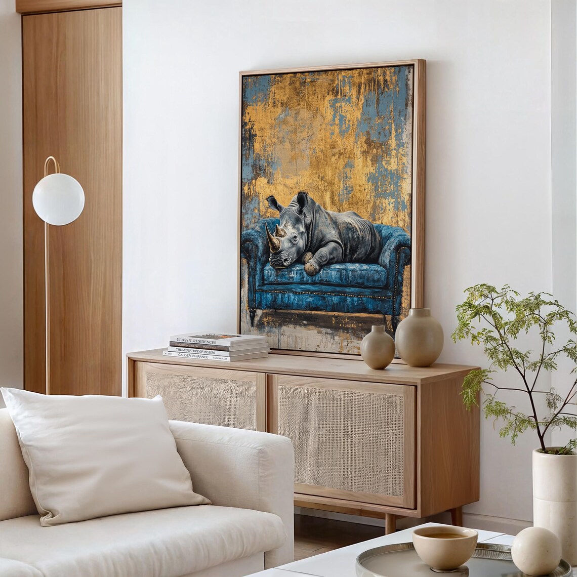 Relaxed Rhino Lounging on a Blue Velvet Couch Gold Art Poster - Image 5