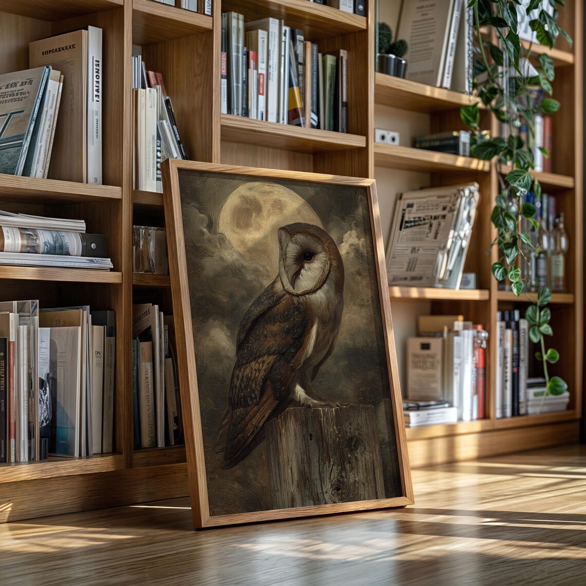 Majestic Barn Owl Full Moon Night Vintage Wildlife Art Poster
