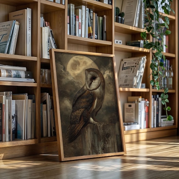 Majestic Barn Owl Full Moon Night Vintage Wildlife Art Poster