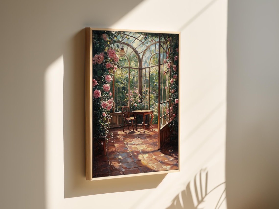 Sunlit Rose Garden Patio Art Print, Vintage Floral - Image 7