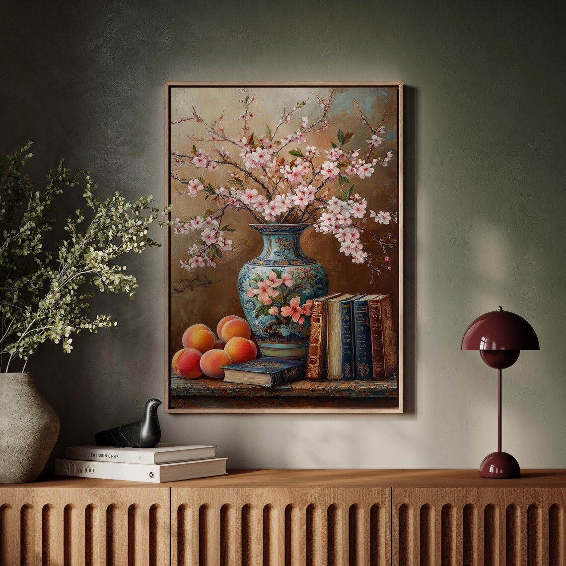 Elegant Cherry Blossom Vase Peaches Antique Books Still Life Poster