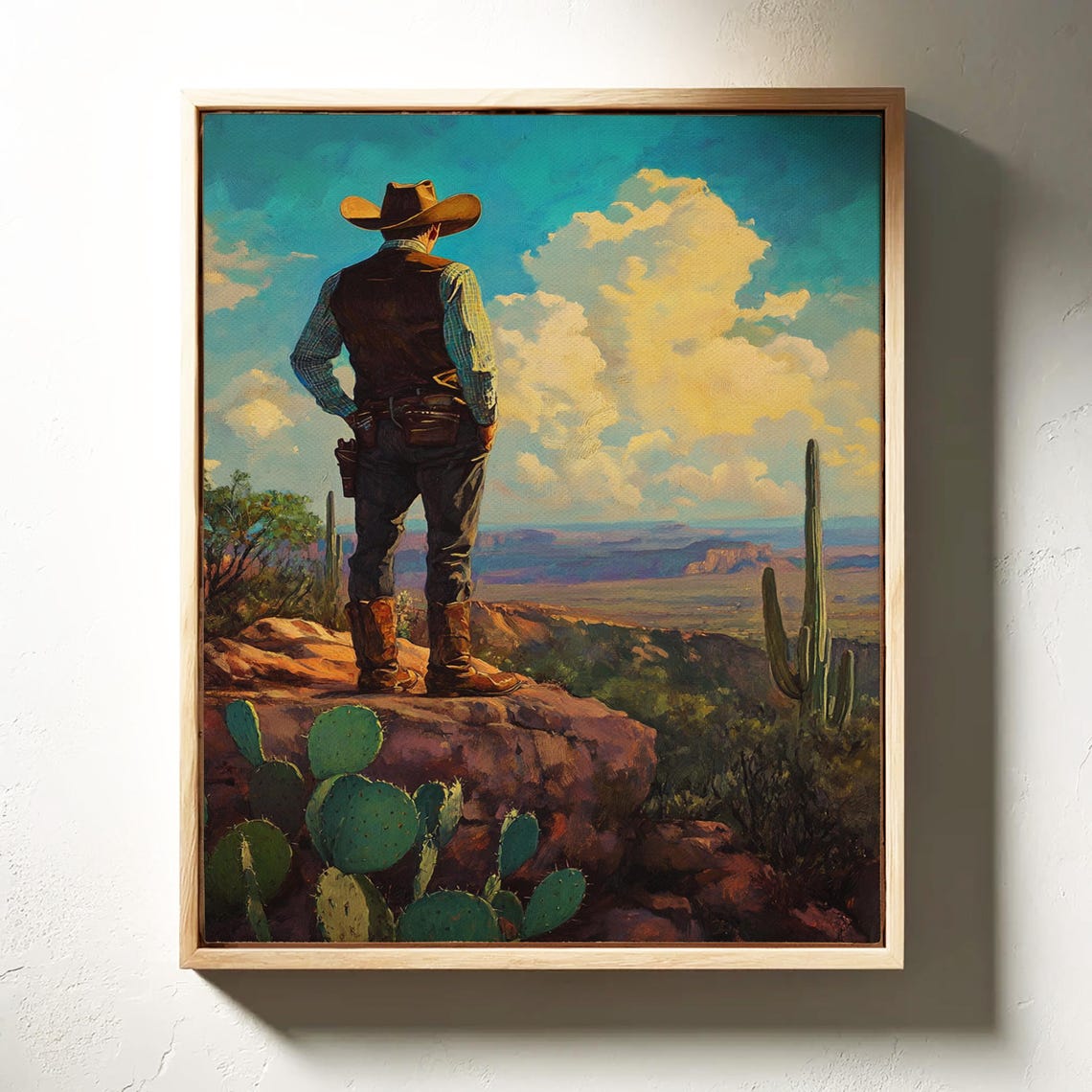 Lone Cowboy Overlooking A Desert Canyon From Rocky Cliff Poster - Image 3
