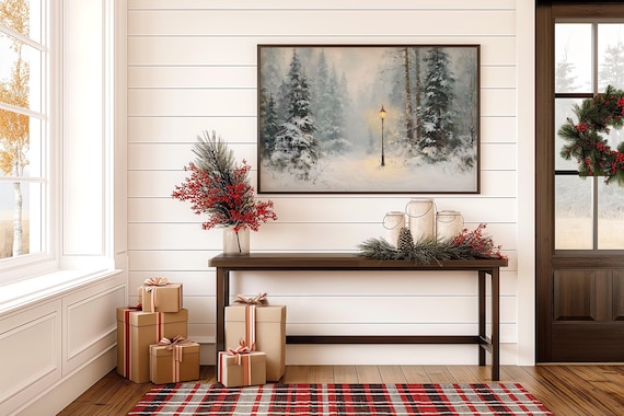Snowy Winter Forest With Glowing Lamppost Magical Night Poster