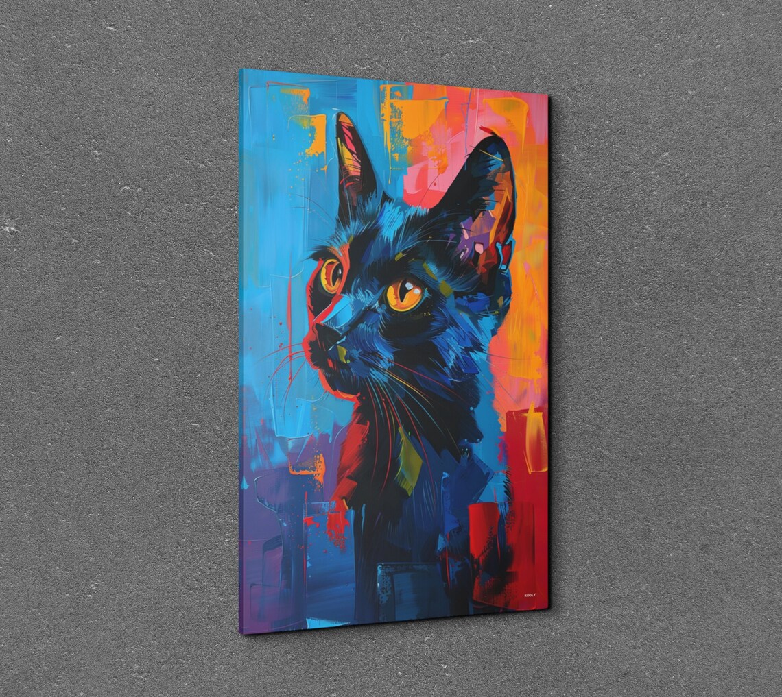 Black Cat Portrait Neon Pop Art Pink Blue Background Wall Art - Image 7