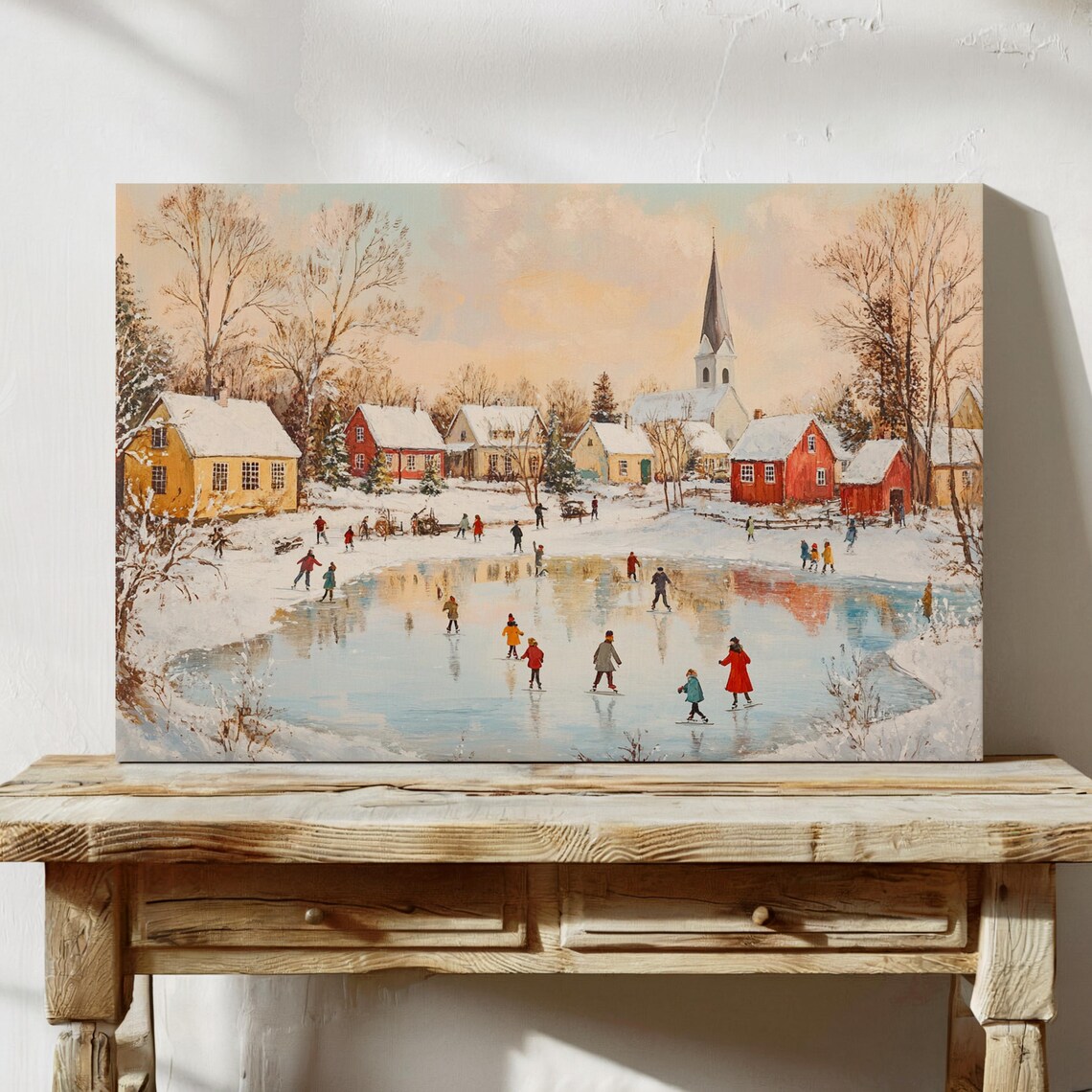 Charming Winter Village Ice Skating Pond Snowy Festive Scene Poster - Image 7