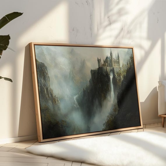 Epic Fantasy Castle Wall Art Gothic Fortress Over Waterfall In Misty Mountains Medieval Architecture Canvas Print For Home Decor