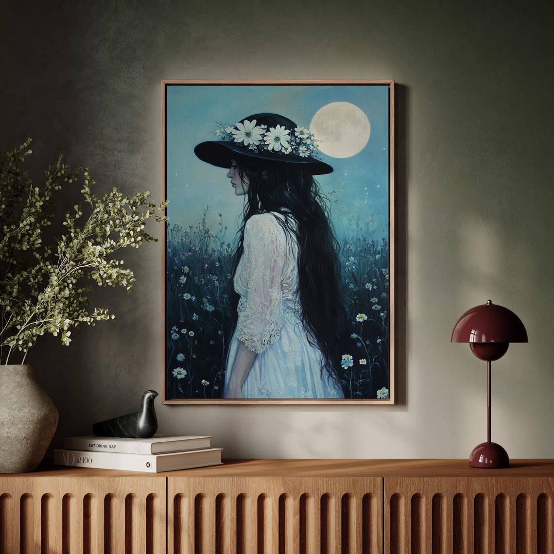 Ethereal Woman In Moonlit Meadow Floral Hat Lace Dress Oil Painting Wall Art Romantic Feminine Portrait With Natures Serenity - Image 7