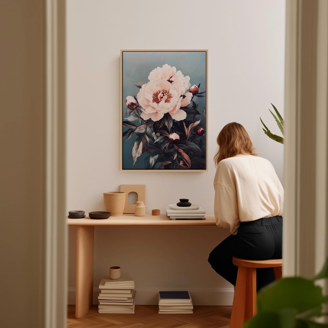 Romantic Pink White Peony Bloom With Buds Teal Floral Wall Art - Image 2