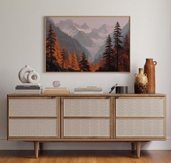 Golden Autumn Mountain Valley with Snowy Peaks Landscape Poster