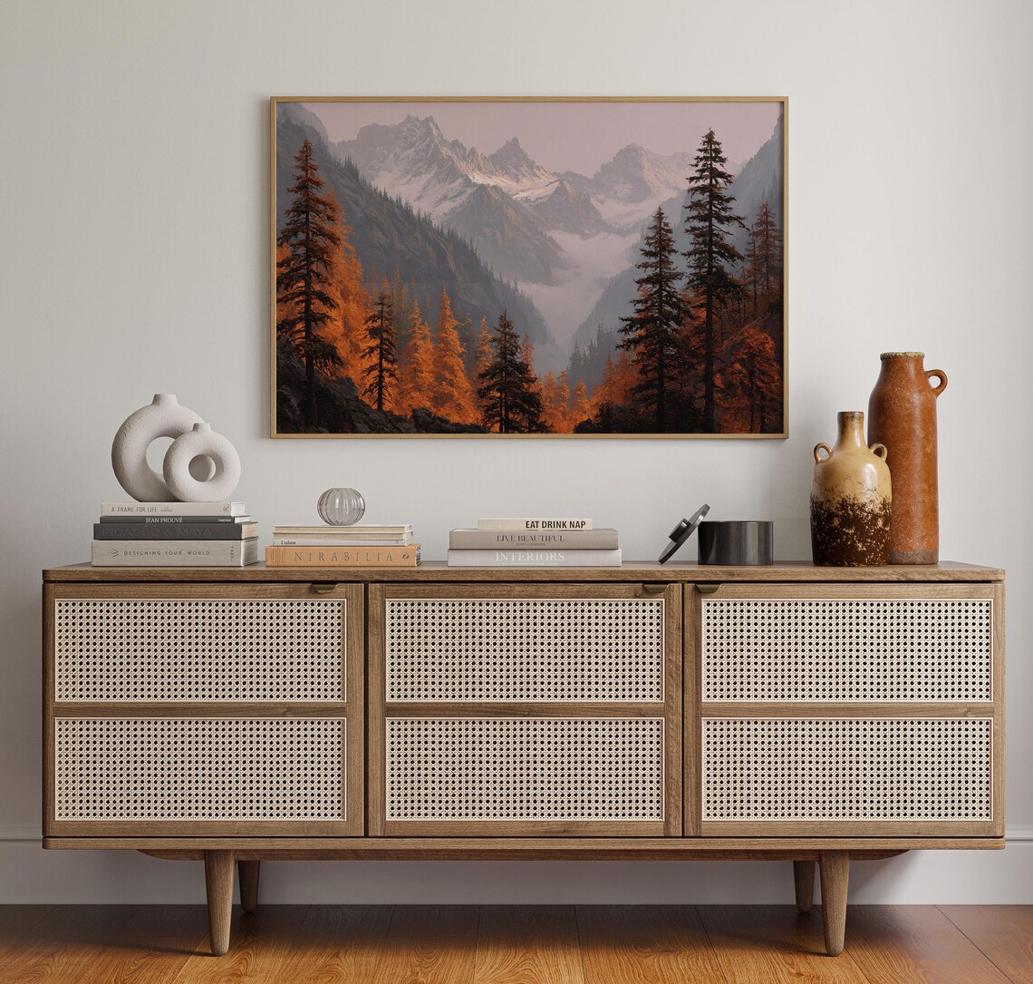 Golden Autumn Mountain Valley with Snowy Peaks Landscape Poster