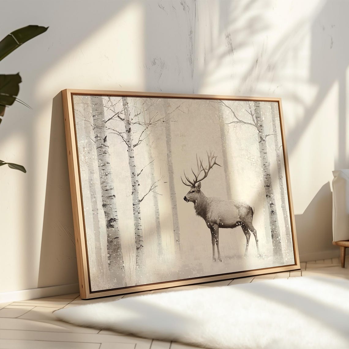 Winter Stag With Large Antlers In Snowy Birch Forest Pale Poster - Image 5