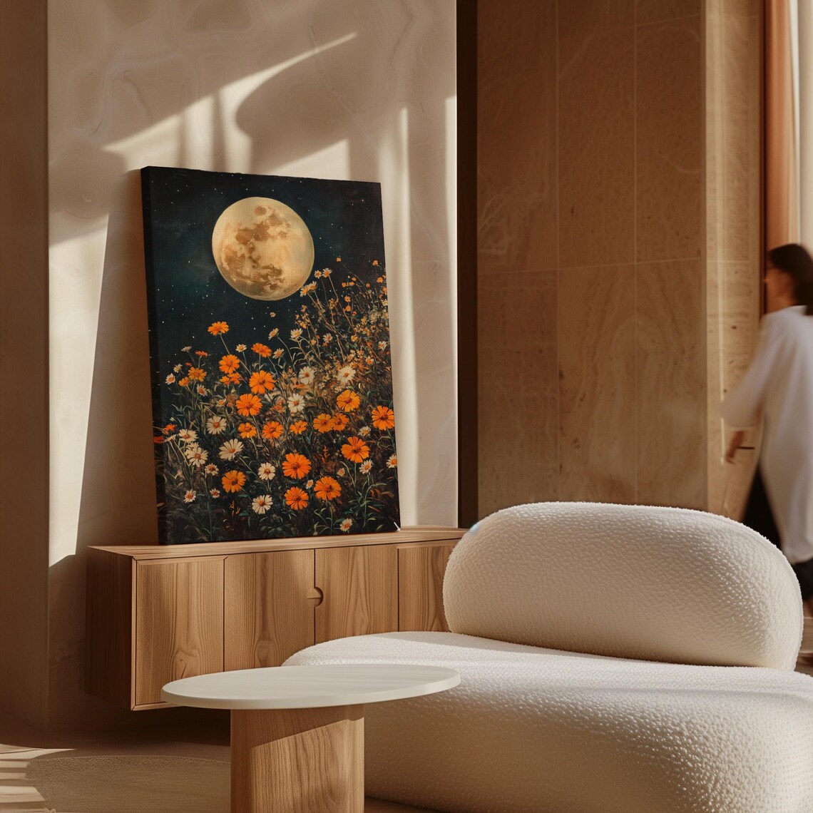Full Moon Rising Over Wildflower Meadow Orange Blossoms Night Poster - Image 5