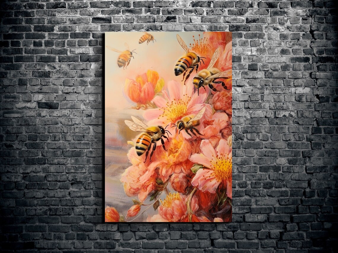 Honeybee Garden Pink Peony Blossoms Botanical Bee Art Poster