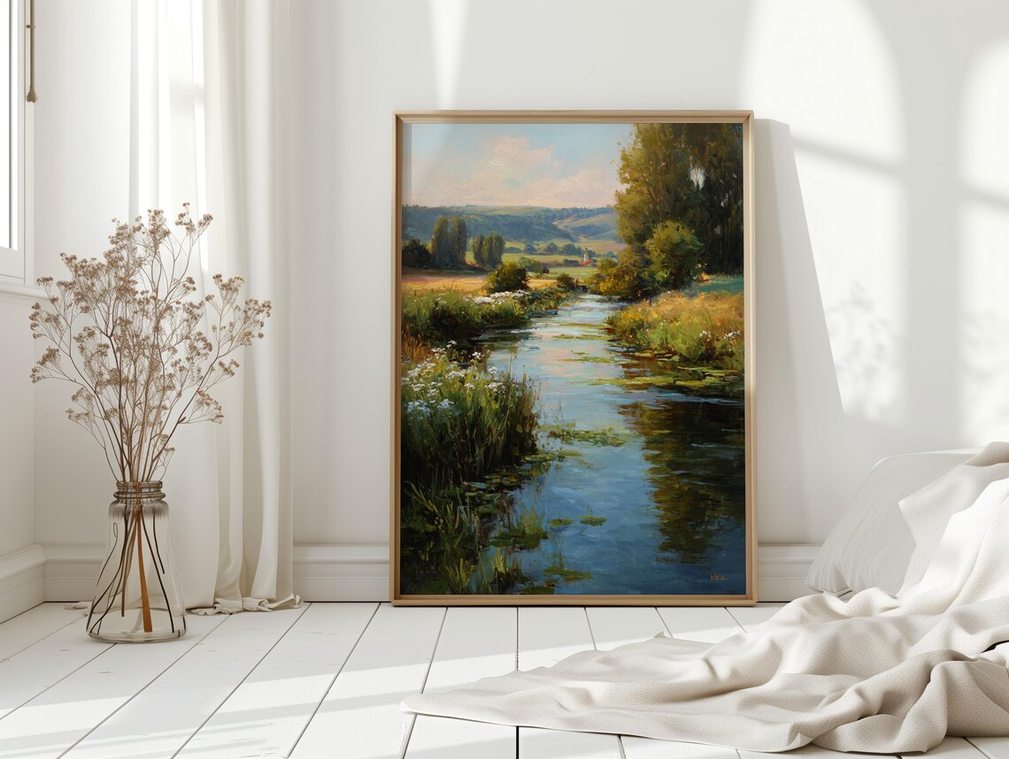 Countryside River Vintage Oil Painting Serene Meadow Stream Poster