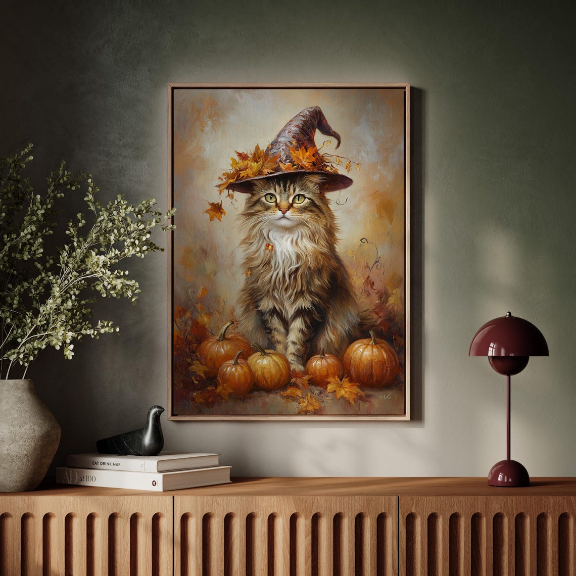 Fluffy Cat in Witch Hat with Pumpkins Autumn Fall Halloween Art Poster - Image 4