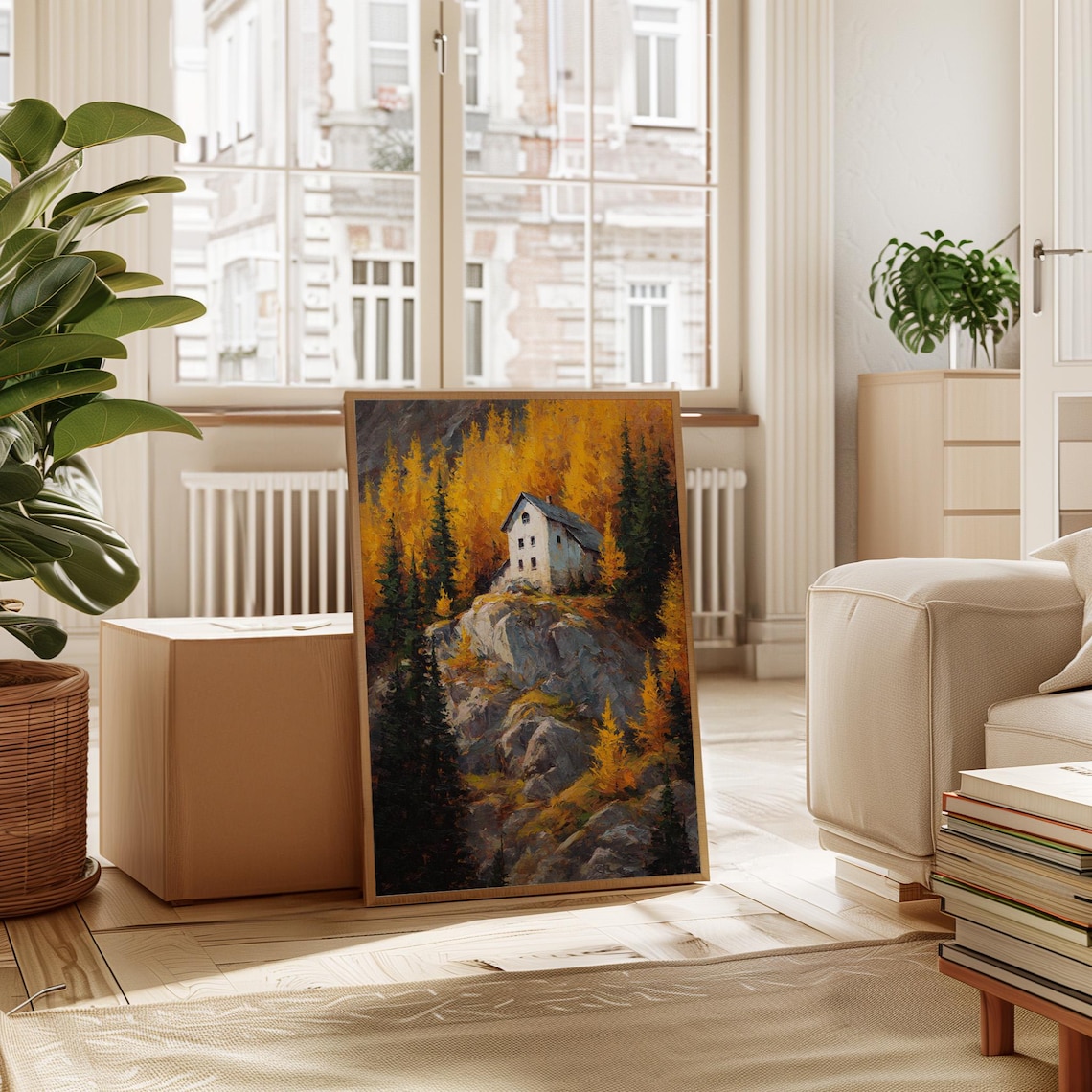 Cliffside Cabin In Autumn Mountain Retreat Golden Forest Art Poster