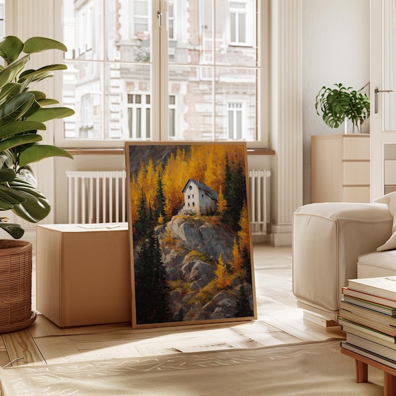 Cliffside Cabin In Autumn Mountain Retreat Golden Forest Art Poster