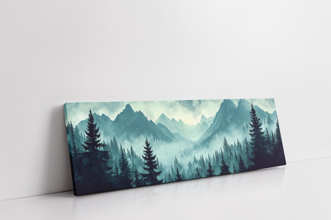 Misty Pine Forest Foggy Mountain Peaks Teal Wilderness Scenic Poster - Image 7