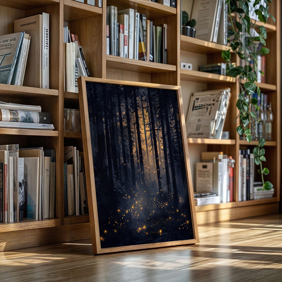 Dark Pine Forest Fireflies Warm Light Through Trees Night Poster