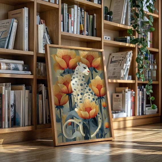 White Leopard Illustration With Golden Blooming Flowers
