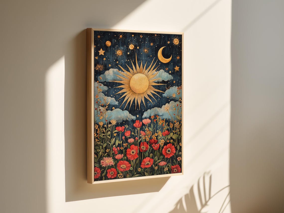 Golden Sun And Crescent Moon Over Red Poppy Meadow Night Poster - Image 6
